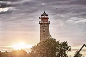 drone view of lighthouses in sunset from northern part of island of Ruegen - called Kap Arkona