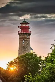 drone view of lighthouses in sunset from northern part of island of Ruegen - called Kap Arkona