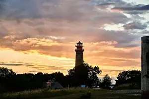 drone view of lighthouses in sunset from northern part of island of Ruegen - called Kap Arkona