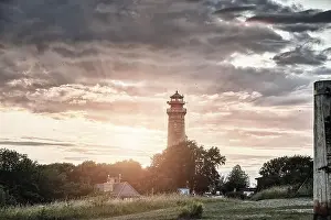 drone view of lighthouses in sunset from northern part of island of Ruegen - called Kap Arkona