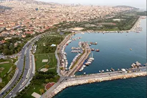 Sea View Prints: Drone view Maltepe Sahil at sunset