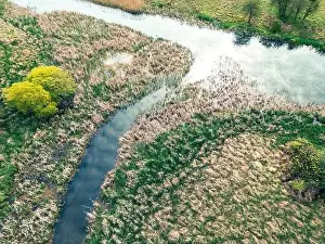 Drone view of marsh and a fresh inland water way famous for salmon