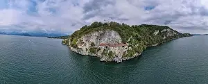 Blessed Prints: Drone view at the monastery of Santa Caterina del Sasso on lake Maggiore in Italy