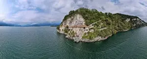 Blessed Prints: Drone view at the monastery of Santa Caterina del Sasso on lake Maggiore in Italy