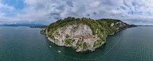 Blessed Prints: Drone view at the monastery of Santa Caterina del Sasso on lake Maggiore in Italy