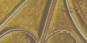 Top Drive Prints: Drone view of morning empty country side road with beautiful green landscape around