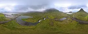 Kirkjufellsfoss Prints: Drone view at mount and waterfall of Kirkjufell at Grundarfjordur on Iceland