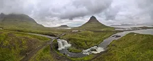 Kirkjufellsfoss Prints: Drone view at mount and waterfall of Kirkjufell at Grundarfjordur on Iceland