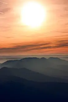 Nature Valley Prints: Drone view of picturesque scenery with bright sunset sky over foggy mountains and hills in Almatret