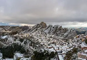 Pietrapertosa Prints: drone view of Pietrapertosa in the piccolo Dolomiti region of southern Italy in winter