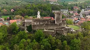 Drone view reveals the ancient Bolkow Castle nestled in Dolnośląskie, Poland