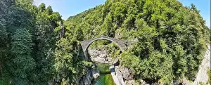Drone view at the roman bridge of Intragna on the italian part of Switzerland