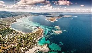 Sithonia Prints: Drone view of the sandy Karydi beach in the resort village of Vourvourou in Greece