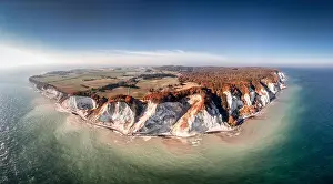 Drone view of the small Danish Island Møn located in the Baltic Sea with its famous chalk cliffs