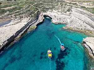 Limestone Cliffs Prints: Drone view at St. Peter's Pool on the island of Malta