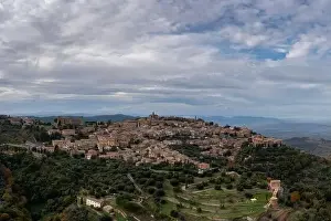 A drone view of the Tuscan hilltop village and wine capital of Montalcino