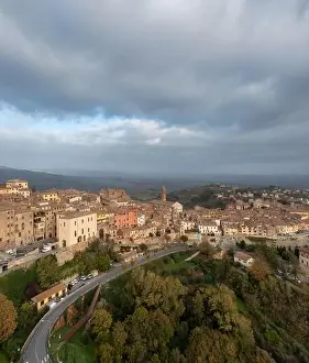 Drone view of the Tuscan hilltop village and wine capital of Montepulciano