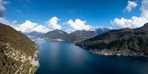 Lago Di Lugano Prints: A drone view of Vico Morcote village and Lake Lugano in southern Switzerland