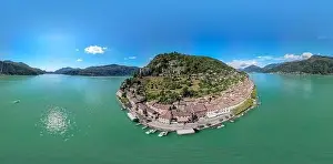 Drone view at the village of Morcote on lake Lugano in the italian part of Switzerland