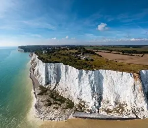 Gypsum Prints: drone view of the White Cliffs of Dover and the Dover Patrol Monument statue of the South Foreland
