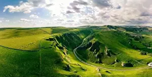 Drone view of Winnats Pass, Peak District National Park, Derbyshire, England, UK