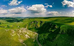 Drone view of Winnats Pass, Peak District National Park, Derbyshire, England, UK