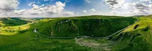 Drone view of Winnats Pass, Peak District National Park, Derbyshire, England, UK