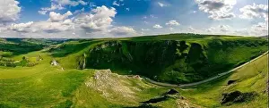 Drone view of Winnats Pass, Peak District National Park, Derbyshire, England, UK