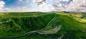 Derbyshire Prints: Drone view of Winnats Pass, Peak District National Park, Derbyshire, England, UK