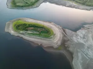 Warming Prints: Drought conditions are shown through drone shots of Stocks Reservoir Hodder valley in the Forest of Bowland