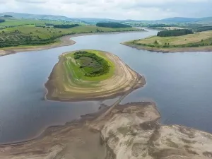 Parched Prints: Drought conditions are shown through drone shots of Stocks Reservoir Hodder valley in the Forest of Bowland
