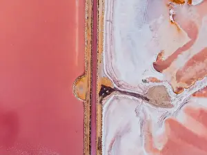 Salt Lake Prints: From above drove view of amazing pink salt lake and of shore in sunny summer day