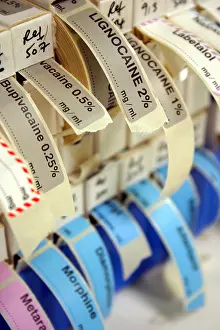 Antibiotic Prints: drug information stickers in anaesthetic room in hospital theatre area