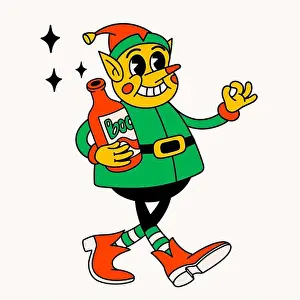 Reindeer Prints: Drunk Santas Elf. Groovy vintage funny Elf character with bottle of wine