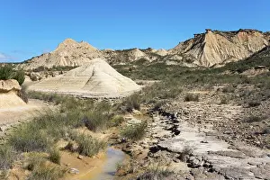 Natural Preserve Prints: Dry desert landscape with hills and low-growing vegetation under a clear sky