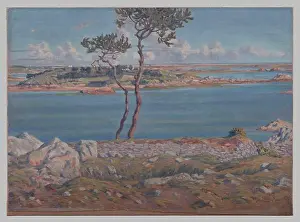 Riviere Prints: A dry stone wall and two pines stand at the center of a 1895 coastal painting by Henri Rivière
