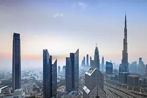 Dubai city skyline at sunset, United Arab Emirates