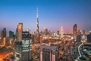 Dubai city skyline at sunset, United Arab Emirates