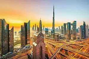 Dubai city skyline at sunset, United Arab Emirates