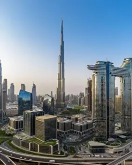 Dubai drone shot of the Burj Khalifa Skyline and the Downtown Dubai during golden hour