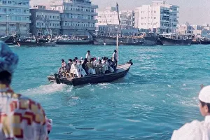 Dubai UAE 1976 – abra water taxi on the Creek travelling between Bur Dubai and Deira districts of Dubai in the United Arab Emirates