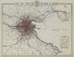 1925 Prints: DUBLIN CIVIC SURVEY Public transport. Tramway railway system Bus routes 1925 map