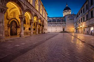Stone Material Prints: Dubrovnik. Beautiful romantic streets of old town Dubrovnik during twilight blue hour