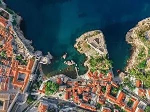 Dubrovnik Prints: Dubrovnik, Croatia. Aerial view of the old town with rooftops and Adriatic sea