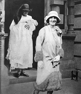 Christening Prints: The Duchess of York (later Queen Elizabeth) walks alongside a Nurse