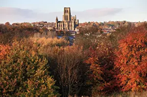 Medieval Architecture Prints: Durham cathedral seen from the east with autumnal foliage in the foreground