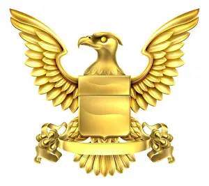 Bald Prints: A eagle gold metal shield heraldic heraldry coat of arms design with a banner scroll