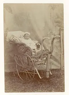 Vintage Black And White Photo Prints: Early 1900's Edwardian seaside portrait of baby in an elaborate pram