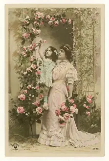Vintage Black And White Photo Prints: Early 1900's French sentimental tinted greetings postcard - mother