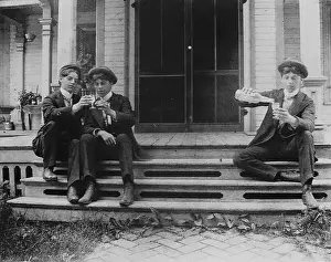 Suits Prints: Early 1900s Vintage Photograph of Young Men on Porch Steps